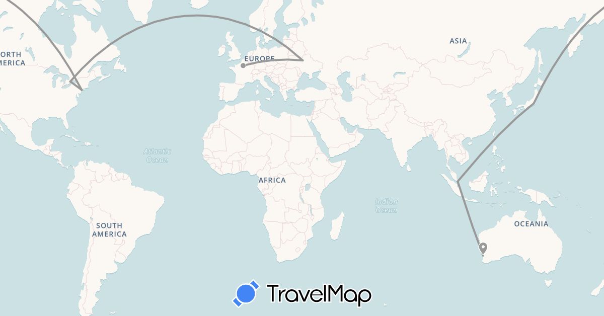 TravelMap itinerary: bus, plane in Australia, Canada, France, Japan, Singapore, Ukraine, United States (Asia, Europe, North America, Oceania)